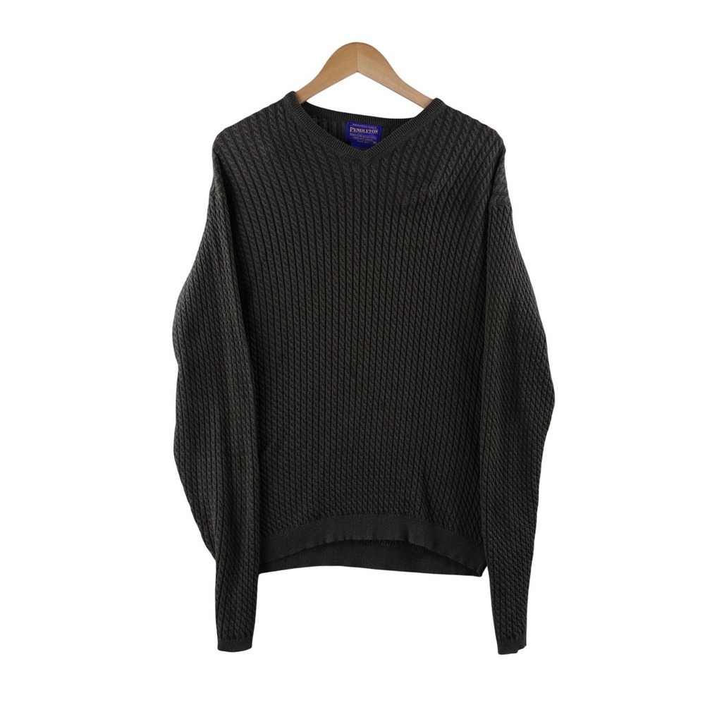Pendleton Mens Green V Neck Cable Knit Cotton Sweater Size M Made in‎ Japan